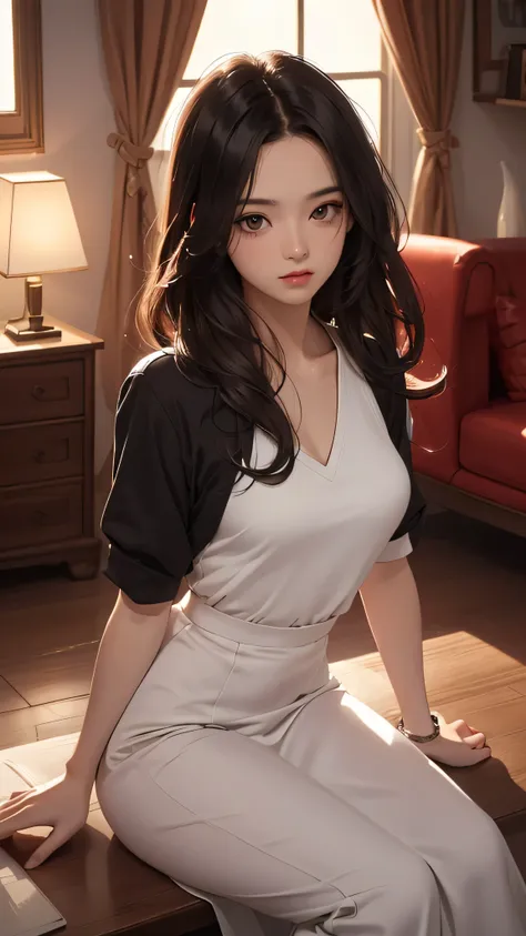 ((Highly detailed CG unit 8k wallpaper, masterpiece, High resolution, highest quality)), (Beautiful woman, put one&#39;Hand in hand&#39;pocket of:1.2, sitting on the ground:1.2, Wear tight dresses), ((highly detailed face, Highly detailed black eyes, detai...