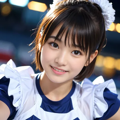 Best-quality, Masterpiece, Ultra-High-Resolution, (Photorealistic:1.4), Raw-Photo, 1girl, 15-years-old, the most famous Japanese idol, portrait, face-focus, looking at viewer, innocent-smile, wearing cheerleading-costume with cute-design, extremely cute fa...