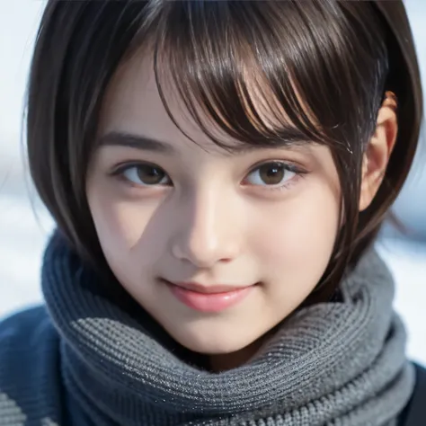 Best-quality, Masterpiece, Ultra-High-Resolution, (Photorealistic:1.4), Raw-Photo, 1girl, 15-years-old, the most famous Japanese idol, portrait, face-focus, looking at viewer, innocent-smile, wearing only winter-clothes with cute-design, extremely cute fac...