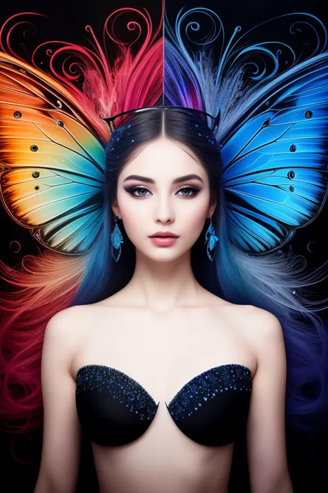 In the realm of surreal art, a captivating image emerges of a woman elegantly fused with a magnificent butterfly, an uncropped masterpiece. Her eyes, hyperdetailed and mesmerizing, reflect a captivating allure. The Tee-Shirt Design comes to life with intri...