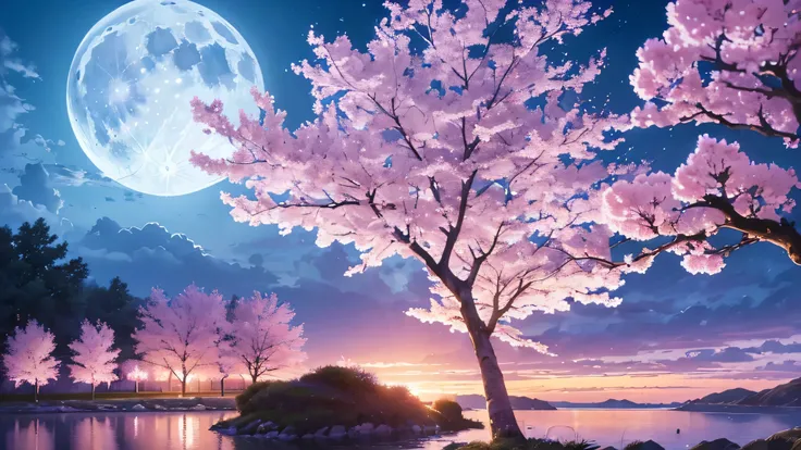 (best quality, high resolution, Super detailed, actual:1.37), moonlit sky, vast atmosphere, Cherry blossoms, ethereal, picturesque, serene, soft light, pastel colors，moon