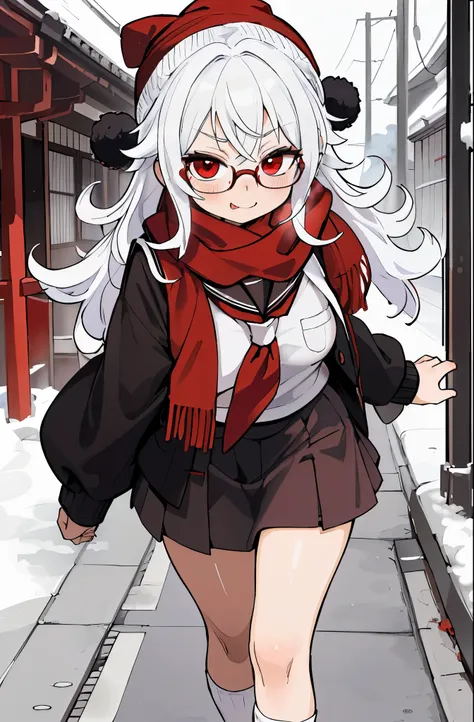 (masterpiece), best quality, expressive eyes, perfect face, , red eye, black beanie, long fluffy curly white hair , red scarf, w...