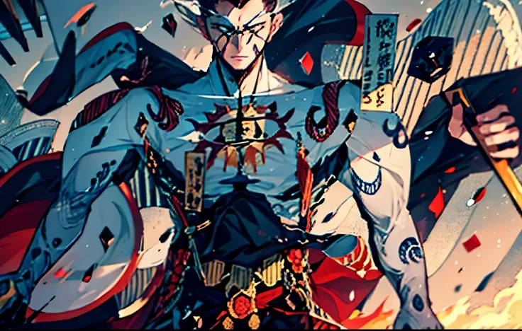 Japanese swordsman holding two swords standing on the corner of the cliff,Facing a huge god with four arms