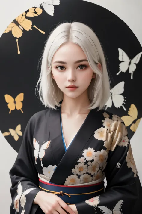 ((best quality)), ((Masterpiece)), (detailed) photography of a 20yo woman, medium white hair, perfect face, masterpiece, black kimono, Ultra HD, standing in front of black circle, butterflies