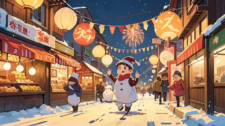 street，with people coming and going，Roadside stalls，New Year，running kid，fireworks，winter，Thick clothes，snowman