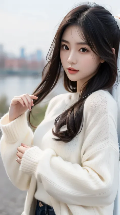 Chinese beauty wears white knitted sweater, Her long hair fluttered in the wind, She doesn&#39;t need to paint her hands. Only her upper body was drawn.