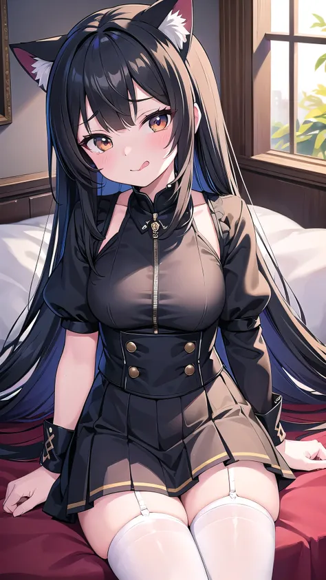 highest quality, masterpiece, super detailed details, Anime beautiful girl sitting on the bed, long black hair, cat ears on her head, I&#39;m wearing JK, black pleated skirt, white stockings, ((expression that stings the tongue)), from front of girl, front...