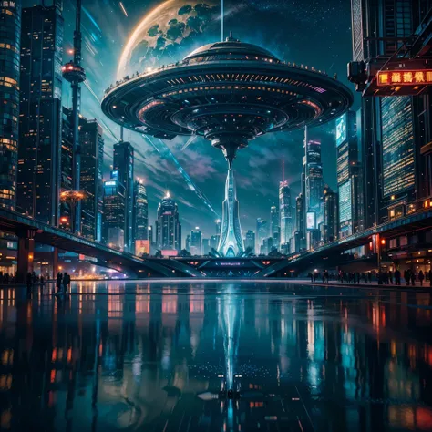 (nebulae hyper nebula starry_sky moonset epic moonrise spacious moonshine) in this futuristic image of a city at night，we were t...