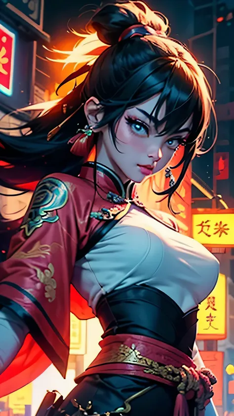 colorful、chinese style female warrior with neon lights on the tall building behind her