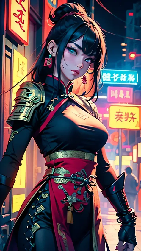 colorful、chinese style female warrior with neon lights on the tall building behind her