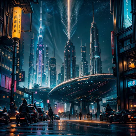 (nebulae hyper nebula starry_sky moonset epic moonrise spacious moonshine) in this futuristic image of a city at night，we were t...