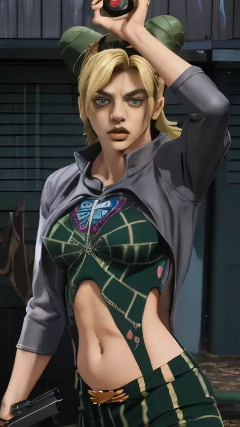 a close up of a woman in a green outfit holding a gun, in jojo\'s bizarre adventure, jojo anime style, posing as a jojo characte...