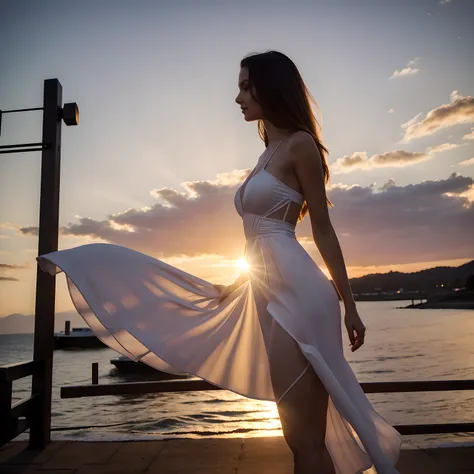 amazingly beautiful european women, 22 years old, expensive, thin, wearing a chic dress, very bright backlight, backlight theme image, sunset, sunset sneery, realistic, photorealistic, hyper realism, highest quality, masterpiece, 8K, bighting body by irrad...