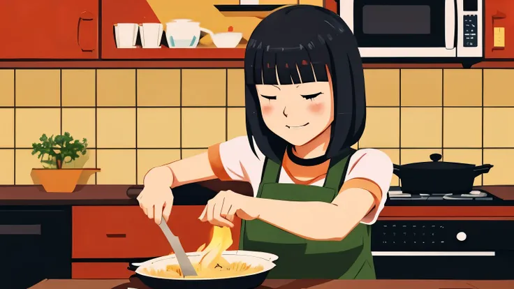 A woman cooking a hot pot dish, dining, 2D style anime, lo fi, HD, Japan