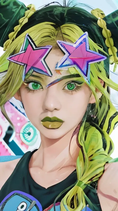 a drawing of a girl with green hair and a star on her head, decora inspired illustrations, jojo anime style, manga art style, 8 ...