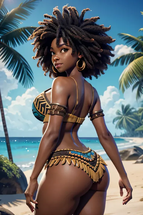 HD, dark skinned, young female , age 18, humanoid, honey, afro hair, Jackie Parris, ((((Jackie Parris)))), full body cgsociety, 3 d character art, full character body, detailed full body concept, stylized character, tribal, primal, caveman, wearing grass s...