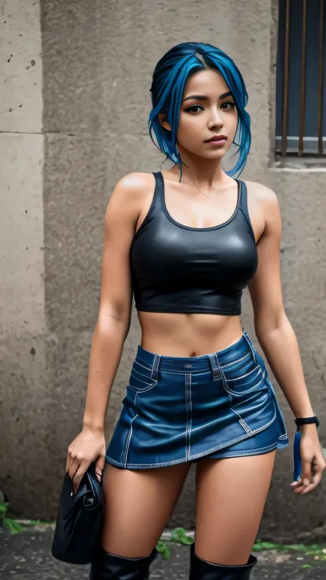 realistische Fotografie, Full-HD, Realismus, real lie, beautiful 15 year old Latina, gemischt, Blaue Haare, standing on the street, Full body, bekleidet mit Rock und schwarzem Tanktop mit schwarzen Lederstiefeln, Regen, nasses T-Shirt, medium bust, freche ...