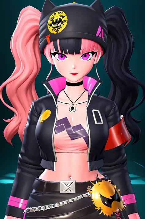 masterpiece, best quality,ZOE,1girl,jacket,multicolored hair,twintails,solo,black hair,black belt,black jacket,pink eyes,belt,hat,pink hair,choker,black choker,looking at viewer,crop top,jewelry,breasts,necklace,bangs,long hair,black headwear