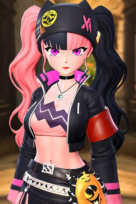 masterpiece, best quality,ZOE,1girl,jacket,multicolored hair,twintails,solo,black hair,black belt,black jacket,pink eyes,belt,hat,pink hair,choker,black choker,looking at viewer,crop top,jewelry,breasts,necklace,bangs,long hair,black headwear