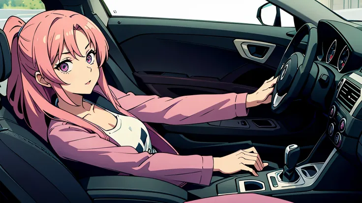 Girl, Inviting someone to race, looking at the viewer, pink hair, long hair, cute, big eyes, the girl inside the car, excited face, excited expression, hd, 8k