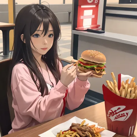 realistic anime picture、master piece、1 girl、Adorable、woman eating a hamburger、Hamburger and lots of fries on the table、Fast food restaurants