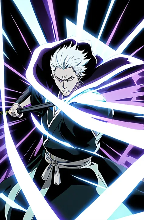 Anime em kimono branco e preto, samurai, segurando uma Katana, expression serious, intimidador, Badass, Estilo anime, old man style anime manga, Shonen, Epic anime style, Epic Battle, cabelo rodopiante, Inspirado em zaraki kenpachi, digital advanced anime ...