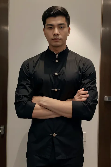 homem jovem chines de 19 anos de idade, usando roupa elegante preta, With arms crossed, em shangai
