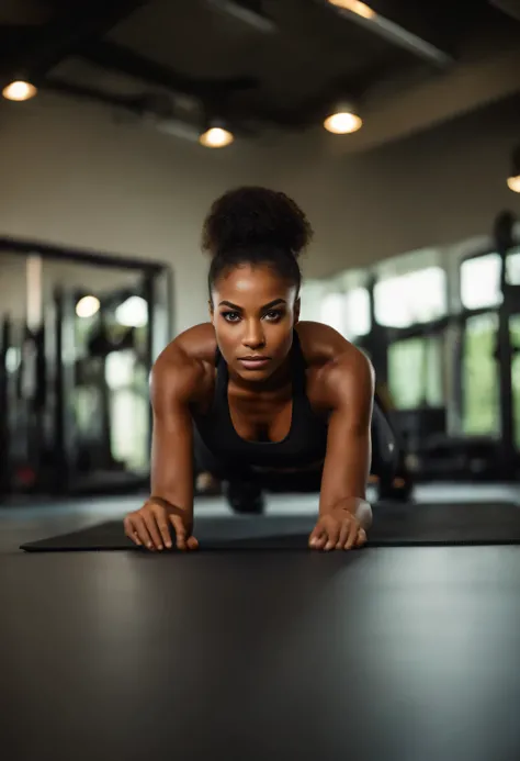 tez escura, mulher em torno de 19 anos, doing elbow planks on the floor, Cabelos pretos naturais, olhos verdes distintos, usando treino de ajuste, esbelta e voluptuosa, Lindo, Candlelight in a weight training gym environment, ultra sharp focus, foto realis...