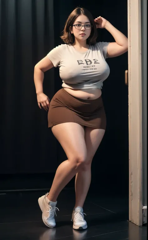 ((best quality)), ((masterpiece)), (detailed), perfect face, chubby female, big breast, chubby belly, full body, chubby thighs, thick neck, wearing brown midi t-shirt and thight skirt, black room, chubby armpits, wearing sneakers, glasses 