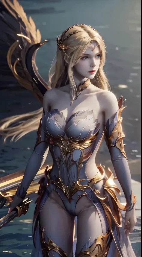 ((high quality)), ((masterpiece)), 8k, Standing on the surface of the sea，Has a pair of big golden wings，protrait photo，Holding a long sword in his hand，huge breasts，Larger breasts，Hollow clothes，transparent clothes，More transparency，amazing breast size，Ra...