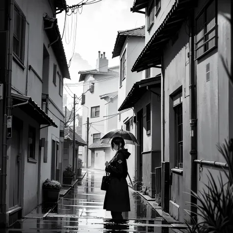 In the quaint, rain-soaked village, a solitary girl clad in a black uniform stands on the deserted street, looking directly at the viewer. The melancholic ambiance of the day is accentuated by the drizzling rain, as it pelts against the girls uniform, maki...