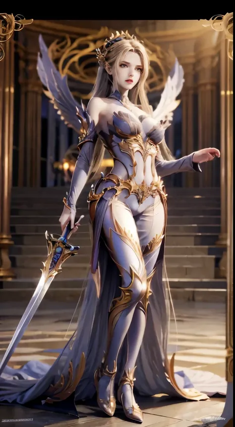 ((high quality)), ((masterpiece)), 8k, Standing on the surface of the sea，Has a pair of big golden wings，protrait photo，Holding a long sword in his hand，huge breasts，Larger breasts，Hollow clothes，transparent clothes，More transparency，amazing breast size，Ra...