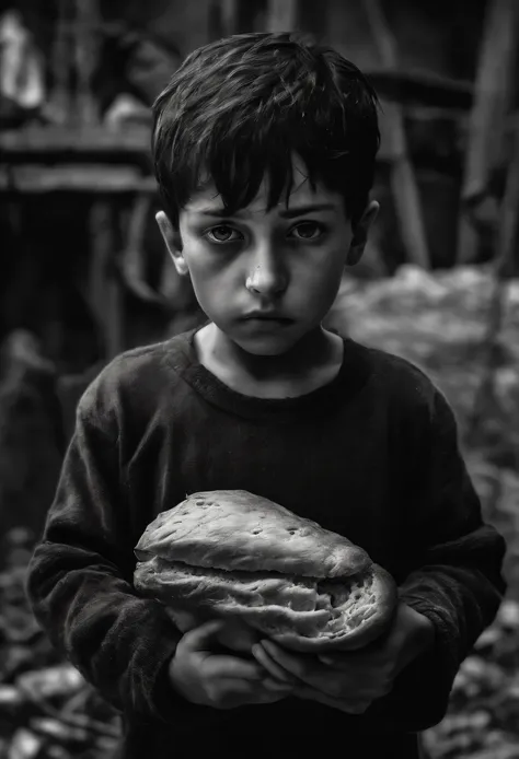 a small boy with eyes full of tears, yet endearing, holding a bread in hand

Tags:
1boy, beautiful detailed eyes, beautiful detailed lips, extremely detailed eyes and face,
(best quality, highres, realistic:1.37), ultra-detailed, vivid colors, sharp focus
...