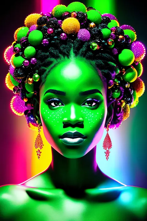 A striking, highly-realistic representation of a black woman in an evocative scene. Dripping water cascades down her figure, framing her toned form, as vibrant neon lights illuminate intricately designed African marks covering her face. Her attire aligns w...