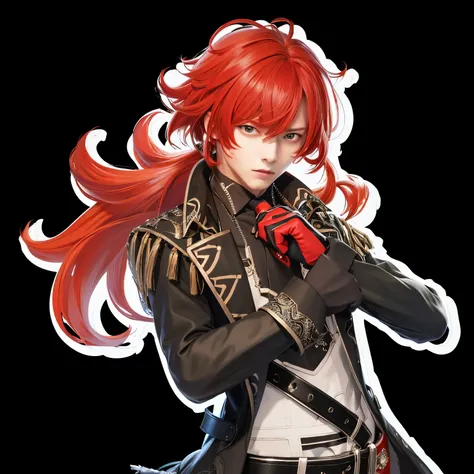 1man, long hair, ponytail, sidelocks, red hair, red eyes, choker, gloves, black pants, belt, long sleeves, vest, coat, shirt