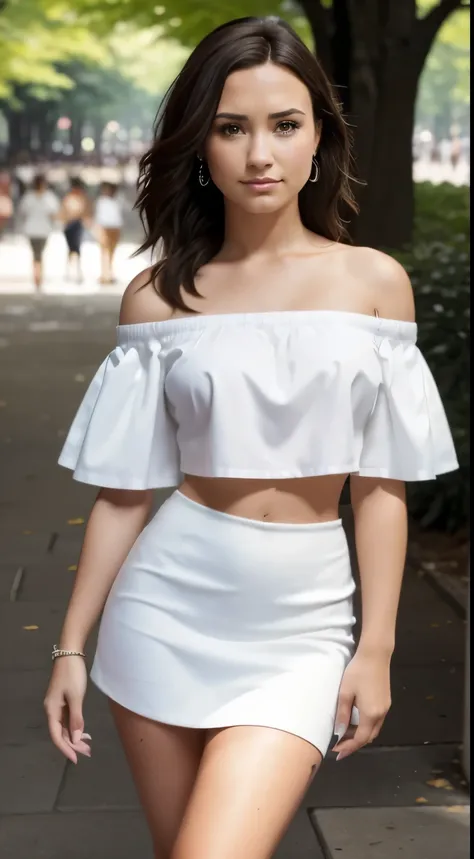 Foto hiperrealista en primer plano de Demi Lovato, masterpiece, best quality, (photorealistic:1.4), full body, (white off-the-shoulder short sleeves blouse:1.2), (white mini skirt:1.1), bare arms, heels, in the New York Central Park, sunny day, cinematic l...