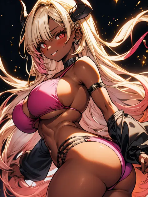 1girl, solo, best quality, 4k, masterpiece, best quality, demon, best quality, beautiful face with a smirk, dark brown skin, fat ass, big breasts, blonde hair with pink highlights, leather bikini
