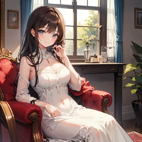 prompt: 8K resolution, delicate features, 1 girl, arrogant, a teasing smile, chest-length hair, brown hair, ((Cream dress)), Fluffy dress, By the window, sitting, facing the viewer, A kind look, noon, afternoon