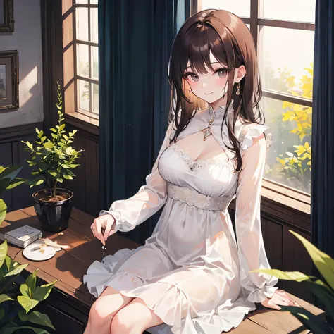 prompt: 8K resolution, delicate features, 1 girl, arrogant, a teasing smile, chest-length hair, brown hair, ((Cream dress)), long sleeve, Chiffon dress, By the window, sitting, facing the viewer, A kind look, noon, afternoon