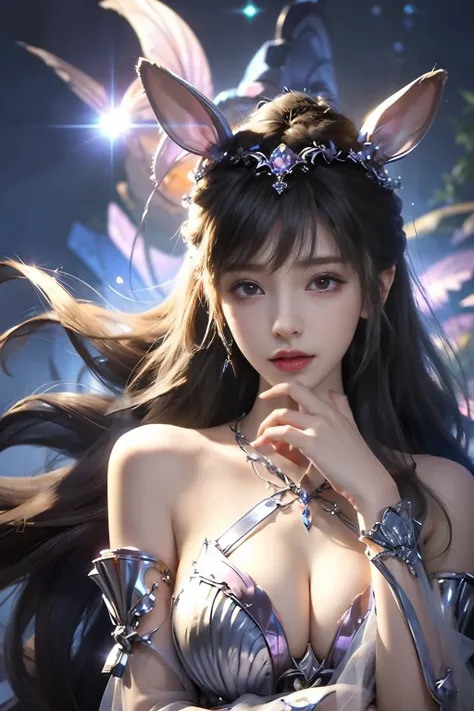 Close-up of a woman with rabbit ears and a sword, Queen of the Sea Mu Yanling, Zodiac Girl Knight Portrait, Lineage 2 style, Smooth anime CG art, Game CG, beautiful fantasy queen, Complex and gorgeous anime CGI style, drank, Close up view of goddess, anime...