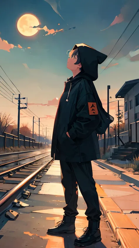 a boy standing in front of a railroad crossing, wearing a black hood, is looking up and the moon can be seen in the distant sky ...