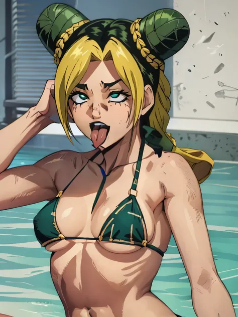  jolyne, big breasts, bikini 
(((shiny hair, shiny skin))) ((sticking out tongue))