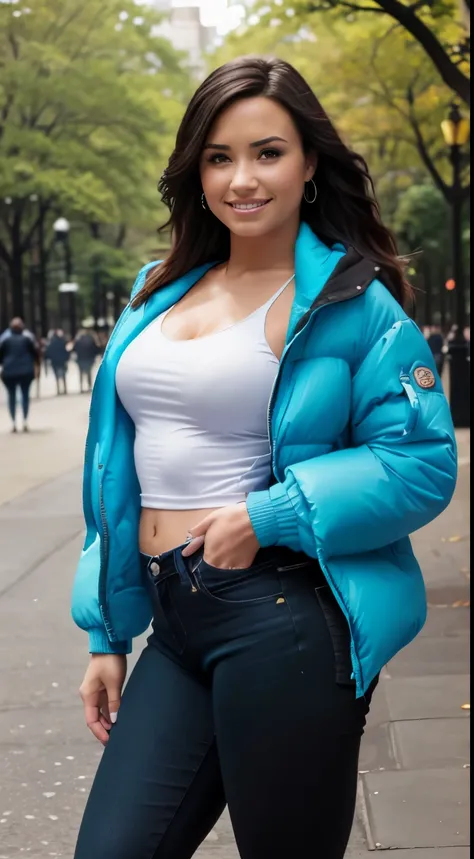 Foto hiperrealista en primer plano de Demi Lovato, masterpiece, best quality, (photorealistic:1.4), full body, (blue SOFT PUFFER JACKET over white tank top:1.1),  (blue blue jeans:1.2) heels, in the New York Central Park, sunny day, cinematic light, beauti...