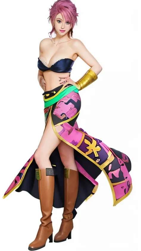 a woman in a pink dress and brown boots standing next to a white background, nico robin, maya fey from ace attorney, in jojos bizarre adventure, anime woman fullbody art, knights of zodiac girl, from one piece, natalie from epic battle fantasy, faye valent...