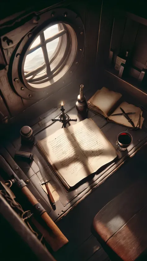 there is a desk with a book, a cup of coffee and a pen, old manuscripts and scrolls, detailed cinematic render, old books and dip pen, old scientific documents, on the deck of a sailing ship, with one vintage book on a table, photorealistic dark concept ar...