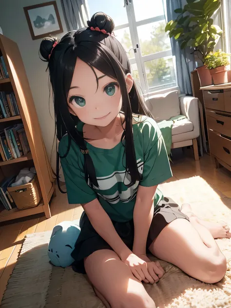 cinematic angle、wide angle lens、Children&#39;s room with sunlight、girl sitting on the sofa,  smile、((two bun hair)) Long hair in two buns, ((Forehead is exposed))、black hair、green eyes、morning、Foliage plant、bookshelf