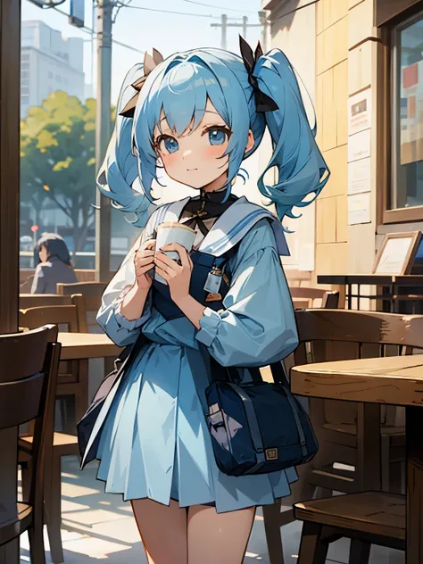 Cute girl taking a break at a cafe, panniers, skirt, twintails, light blue hair