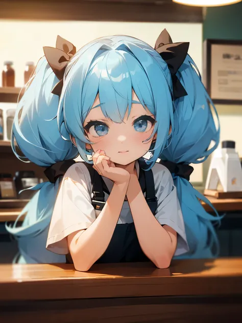 Girl working at a coffee shop, twintails, light blue hair, cute