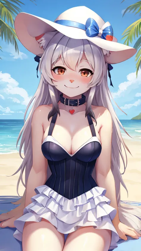 furry ,white fur,ultra detailed fur,blush,white corset dress,sunny day hat,heart collar,looking at viewer,one closed eye,smile,shiny skin,blue sky,beach