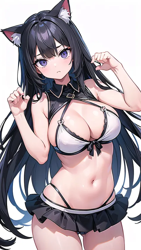 1 girl, game CG,((Cat ear、Cat hair)),big breasts,bikini, black hair, long hair, straight hair,  black eye, ((white background)),((Turn towards me with sharp eyes)),((cat pose))